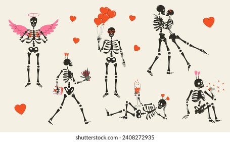 Montaje de divertidos esqueletos con decoración para el día de San Valentín. Carácter lindo Skeleton Huesos