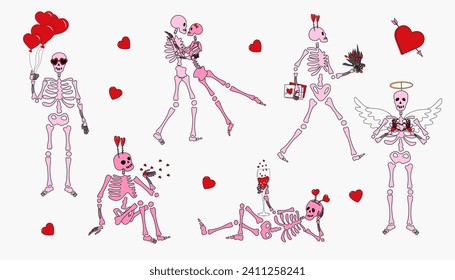 Helle Skelette mit Dekoration für den Valentinstag. Cute-Charakter Skeletts Knochen	