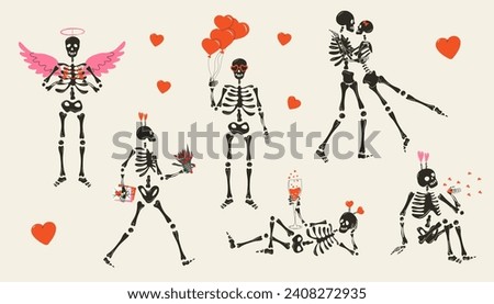 Set of Funny Skeletons with decor for Valentine's day. Cute character Skeleton Bones