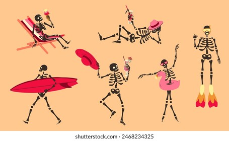 Set of Funny Skeletons on vacation on the beach. Cute character Skeleton Bones