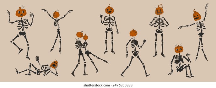 Set of Funny Skeletons with a pumpkin head. Cute character Skeleton Bones