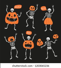 Set of funny skeletons with pumpkins. Cute design for greeting card for Halloween, sticker set or Halloween party invitation. Hand drawn vector design for day of the dead.