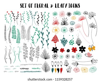 Set of funny sketch and colorful flowers, foliage, grass. Isolated design elements. 