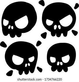 Set of funny skulls. Scary element of Halloween. Death head. Cartoon flat illustration. Black human bones on white background. Danger icon