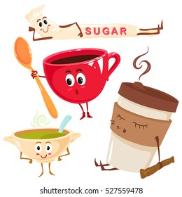 Set of funny sleeping coffee, tea cup, cup of soup, mr. sugar,  cartoon style vector illustration isolated on white background. Cute mug, cups with tea, coffee, sugar, soup.