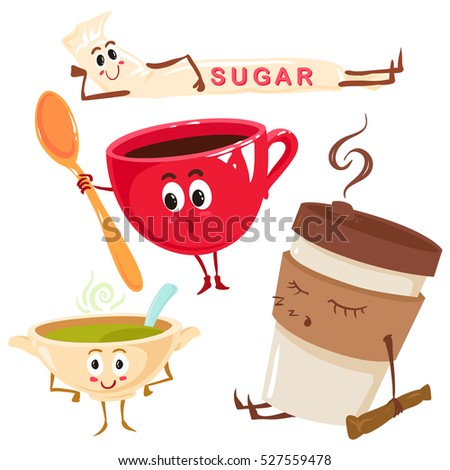 Set of funny sleeping coffee, tea cup, cup of soup, mr. sugar,  cartoon style vector illustration isolated on white background. Cute mug, cups with tea, coffee, sugar, soup.