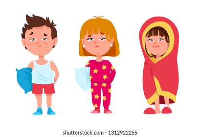 Set of Funny Sleepy Children are in Pajamas with Pillows and Wrapped in a Blanket. Cute Dissatisfied Kids Wants to Sleep. Cartoon Style Vector Illustration
