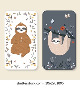 Set of funny sloth hanging on the tree and sitting among flowers. Illustrations with adorable cartoon animals, tree branch, floral elements for phone case, poster, banner, t-shirt print, greeting card