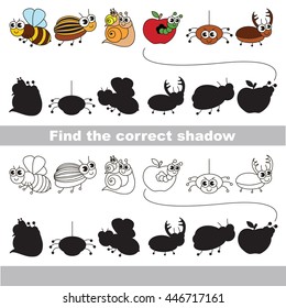 Set of funny small insects with shadows to find the correct one. Compare and connect objects and their true shadows. Easy educational kid gaming. Simple level of difficulty. Logic game for children.