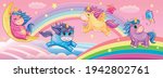 Set funny small unicorns. Cute little pony or horse. Fairytale background with rainbows and animals. Fabulous landscape. Children's wallpaper. Cartoon illustration. Wonderland. Toy or doll. Vector. 