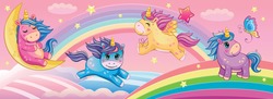 Set Funny Small Unicorns. Cute Little Pony Or Horse. Fairytale Background With Rainbows And Animals. Fabulous Landscape. Children's Wallpaper. Cartoon Illustration. Wonderland. Toy Or Doll. Vector. 