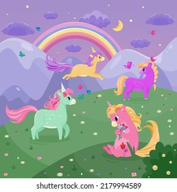 Set of funny small unicorns. Cute fairy creatures, ponies or horses run around field and pick flowers. Poster with rainbow, butterflies. Design for children wallpaper. Cartoon flat vector illustration