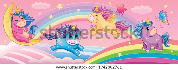 Set funny small unicorns. Cute little pony. Fairytale background with rainbows and animals. Fabulous landscape. Children's mural wallpaper. Cartoon illustration. Wonderland. Toy or doll. Vector. 
