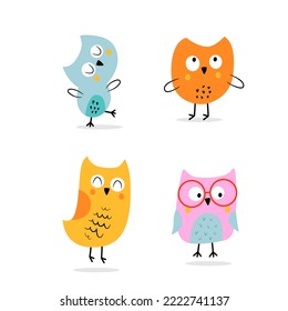 A set of funny smart owls. Vector drawing on a white isolated background. Illustration in flat, cartoon style.