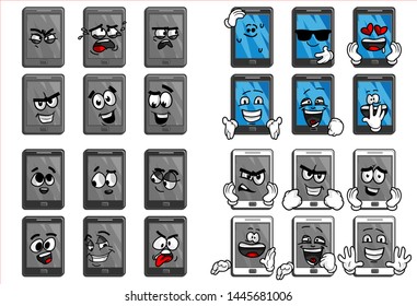 set of funny smartphone cartoon character Mascot with various face expression. Vector Illustration Isolated On White Background