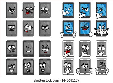 set of funny smartphone cartoon character Mascot with various face expression. Vector Illustration Isolated On White Background