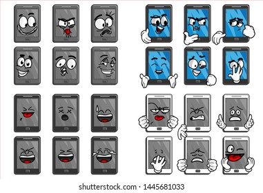 set of funny smartphone cartoon Emoticon with various face expression. Vector Illustration Isolated On White Background