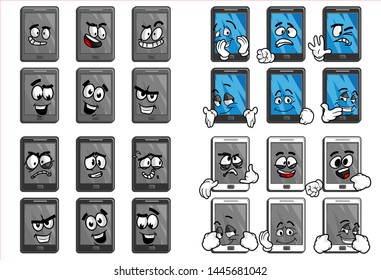 set of funny smartphone cartoon Emoticon with various face expression. Vector Illustration Isolated On White Background