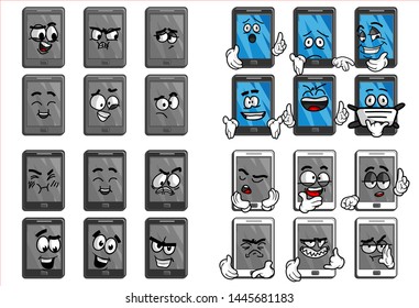 set of funny smartphone cartoon Emoticon with various face expression. Vector Illustration Isolated On White Background