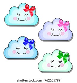 Set of funny smiling clouds with ribbon bow isolated on a white background. Vector cartoon close-up illustration.