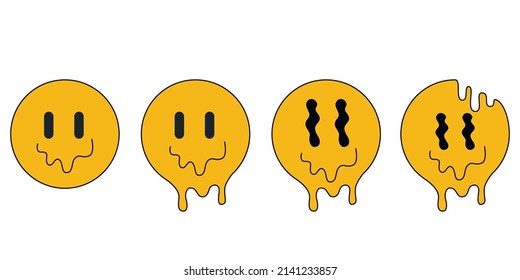 Set of funny smiling faces melt, acid, trippy, psychedelic print for t-shirt, poster.