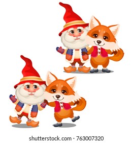 Set Of Funny Smiling Gnome And Animated Fox Isolated On A White Background. Sketch Of Christmas Festive Poster, Party Invitation, Other Holiday Card. Vector Cartoon Close-up Illustration.