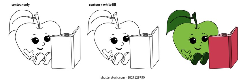 Set of funny smiling kawaii apples with books in doodle style. Isolated colored cartoon vector illustrations
