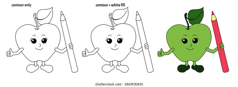Set of funny smiling kawaii apples holding pencil in doodle style. Isolated colored cartoon vector illustration