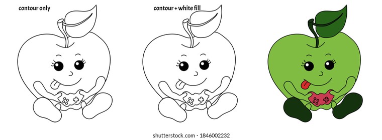 Juego de kawaii sonriente divertido jugando manzanas con controlador de juegos al estilo de doodle. Ilustración vectorial de dibujos animados de color aislado