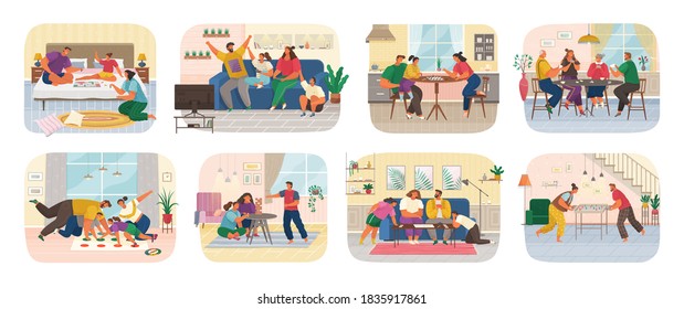 Set of funny smiling people sitting at table or sofa and playing board or tabletop games. Home leisure activity for friends or family. Adults leisure at home. Happy family evening. Recreation together