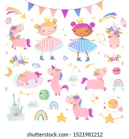 Set of funny smiling unicorns, princesses and other elements for your design.. Vector illustration.