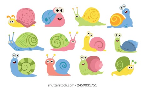 Set of funny snails in cartoon style.Vector illustration of colored snails of different shapes and emotions, shells decorated with patterns,a pair of antennae,big eyes isolated on a white background.