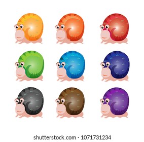 Set of funny snails isolated on white background. Colorful vector drawing set of small snails. Snails isolated on the white background. Cartoon snails icon set. Vector illustration.