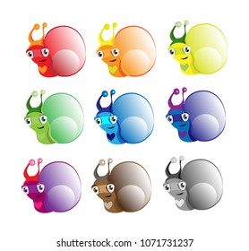 Set of funny snails isolated on white background. Colorful vector drawing set of small snails. Snails isolated on the white background. Cartoon snails icon set. Vector illustration.