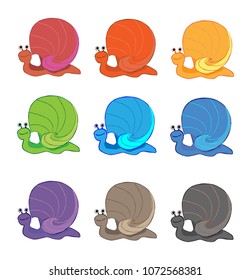 Set of funny snails isolated on white background. Colorful vector drawing set of small snails. Snails isolated on the white background. Cartoon snails icon set. Vector illustration.