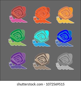 Set of funny snails isolated on white background. Colorful vector drawing set of small snails. Snails isolated on the black background. Cartoon snails icon set. Vector illustration.