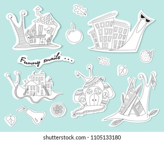 Set Of Funny Snails. Sketch. Ahatina Snail. Vector