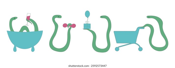 A set of funny snake icons. Simple flat illustrations. Symbol of the year 2025 .  Snake doing gymnastics, buying groceries, bathing in a tub, happy birthday.