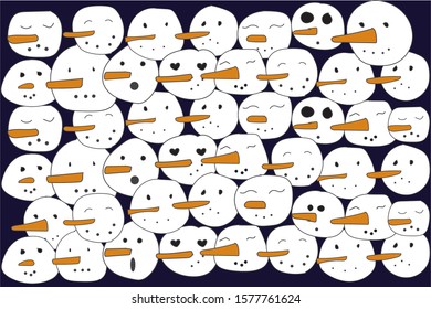 Set of funny snowman faces. Vector snowman illustration. Cartoon faces with different emotions. Winter hand drawn design elements.