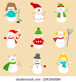 Set of funny snowmen.  9 different characters. Ideal for Christmas greeting card, poster, sticker, invitation, print, textile, decoration