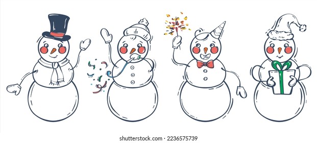 Set of funny snowmen. Cartoon character on a white background. Cute character design. Christmas vector. Vector illustration element.