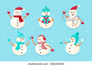 Set of funny snowmen in cartoon style. Vector illustration on holoboom background. Snowmen are preparing for the new year. Winter fun
