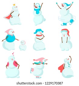 Set of funny and funny snowmen. Funny snowmen in different costumes and images. The snowman is the king, the snowman is skating, the snowman is in a skirt and with a broom.