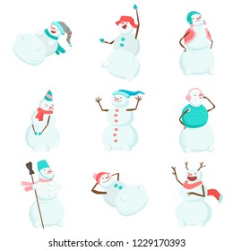 Set of funny and funny snowmen. Funny snowmen in different costumes and images. The snowman is the king, the snowman is skating, the snowman is in a skirt and with a broom.