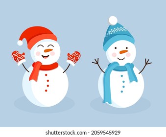 Set of funny snowmen in a hat, scarf for postcards, posters, banners. Vector illustration of Merry Christmas and New Year