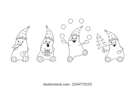 Set of funny Snowmen in hats and with a smile on their faces with a broom, a bag, balls and a carrot. Design of a New Year s greeting card for editing. Coloring for children