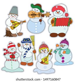 Set of funny snowmen. Snowmen musicians. Stickers. Color vector illustration.