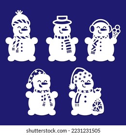 Set of funny snowmen. Template for laser cutting of paper, cardboard, wood, metal. Winter theme. For the design of Christmas decorations, Christmas and New Year decorations, cards, etc. Vector