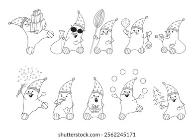 Set of funny Snowmen. Ten snowmen in different poses and with different New Year attributes. Design of New Year s card for editing. Coloring for children.