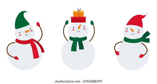 A set of funny snowmen in a variety of costumes and poses.